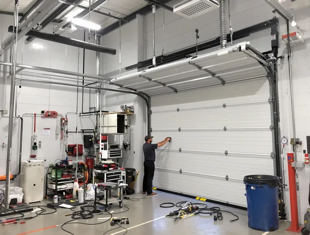 Mansfield Garage Door Repair certified technician performing commercial door repair at a Mansfield business facility