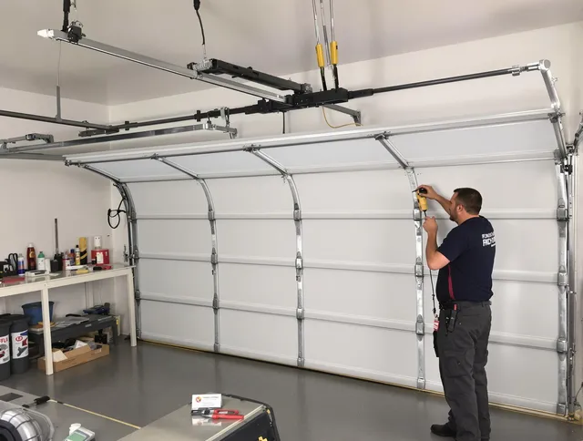Mansfield Garage Door Repair certified technician performing overhead door system repair in Mansfield