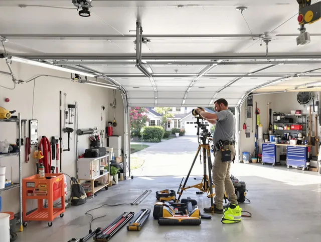 Mansfield Garage Door Repair specialist performing laser-guided track alignment in Mansfield